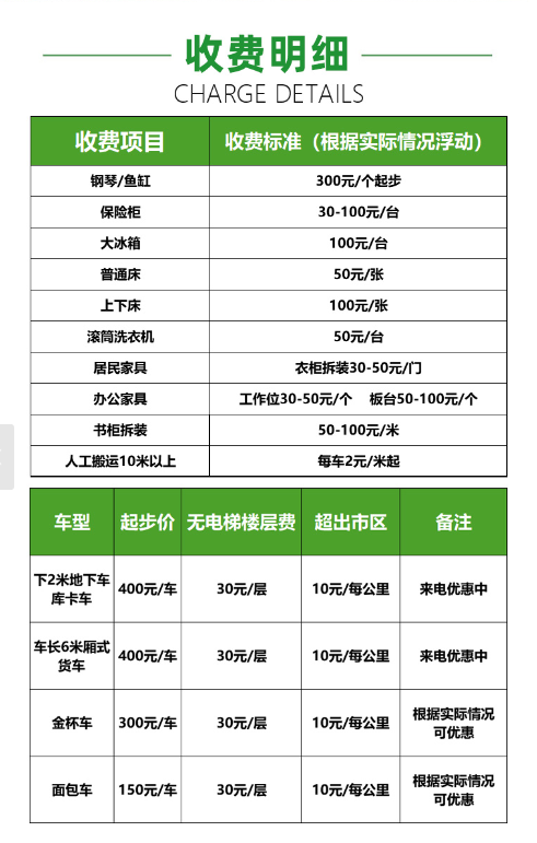 搬家公司收费标准