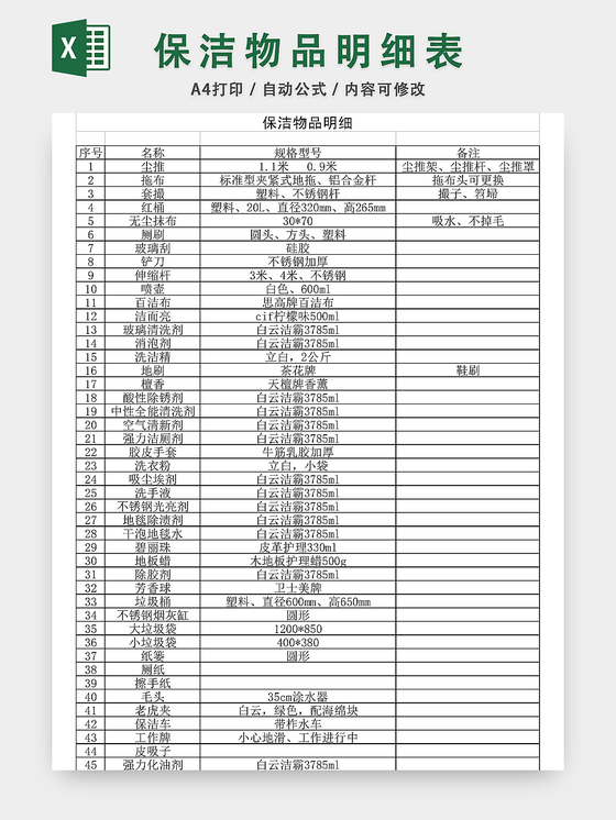 保洁用品清单明细表