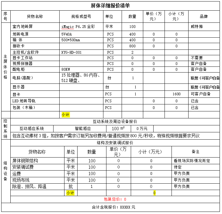 led电子屏价格明细表的构成