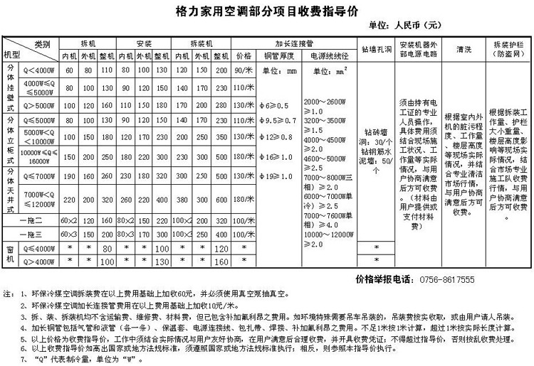 格力维修收费标准表